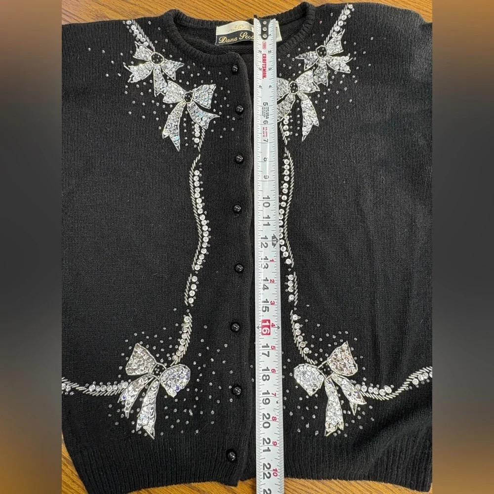 VTG Dana Scott Cardigan Christmas Sweater Black Silk Wool Angora Blend Women’s M - Picture 11 of 14